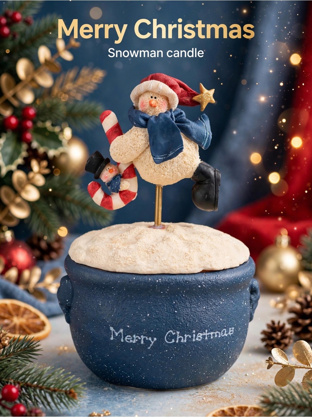 Festive Snowman Candle in Blue Holder - Merry Christmas Accent